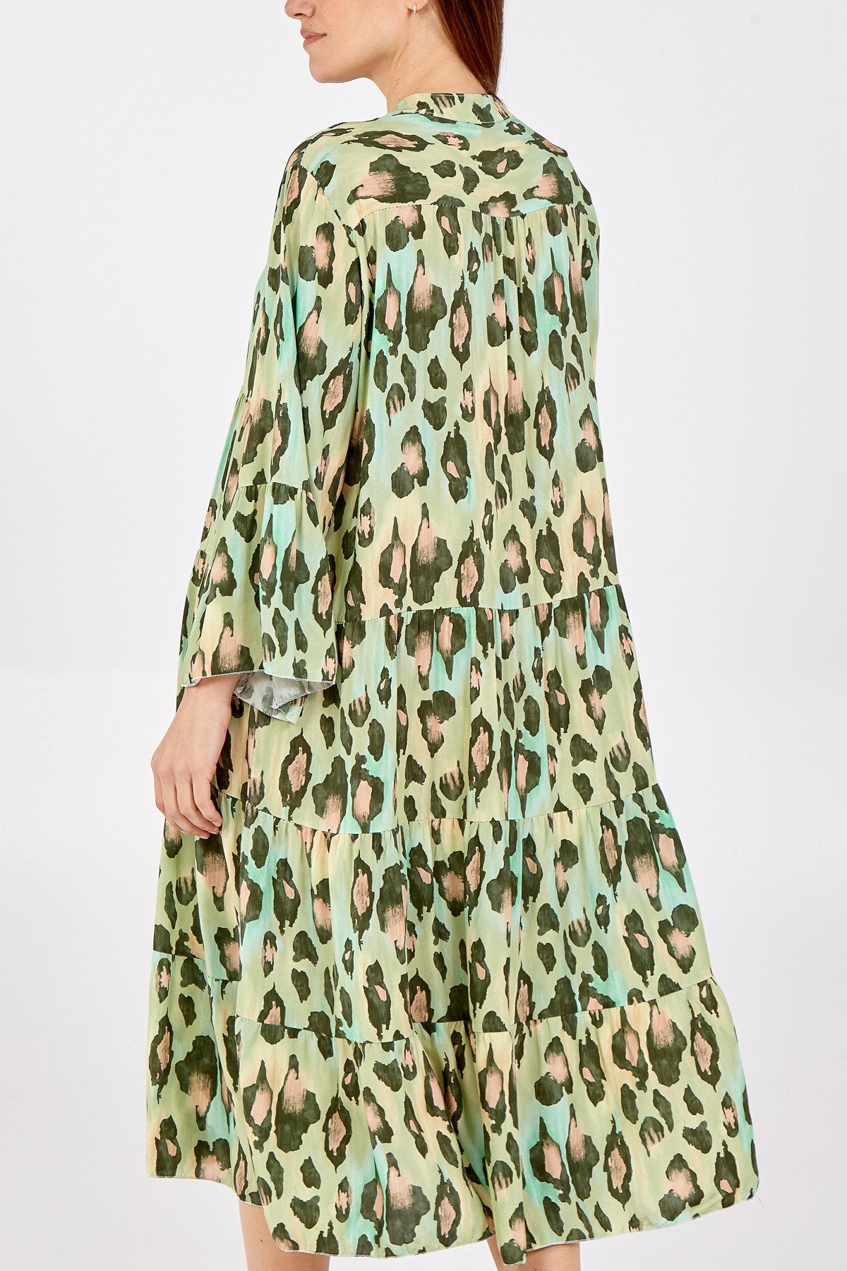 Pauseology Multi Coloured Midi Leopard Print Tiered Dress summer italian made lightweight