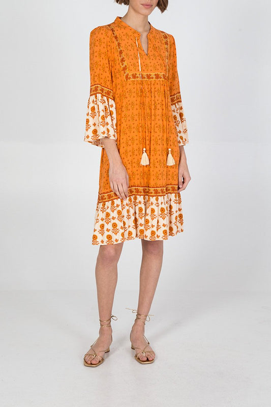 Pauseology QED London Tiered Hem Boho Frill Sleeve Dress orange stylish tassel 