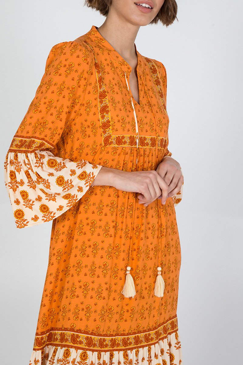 Pauseology QED London Tiered Hem Boho Frill Sleeve Dress orange stylish tassel