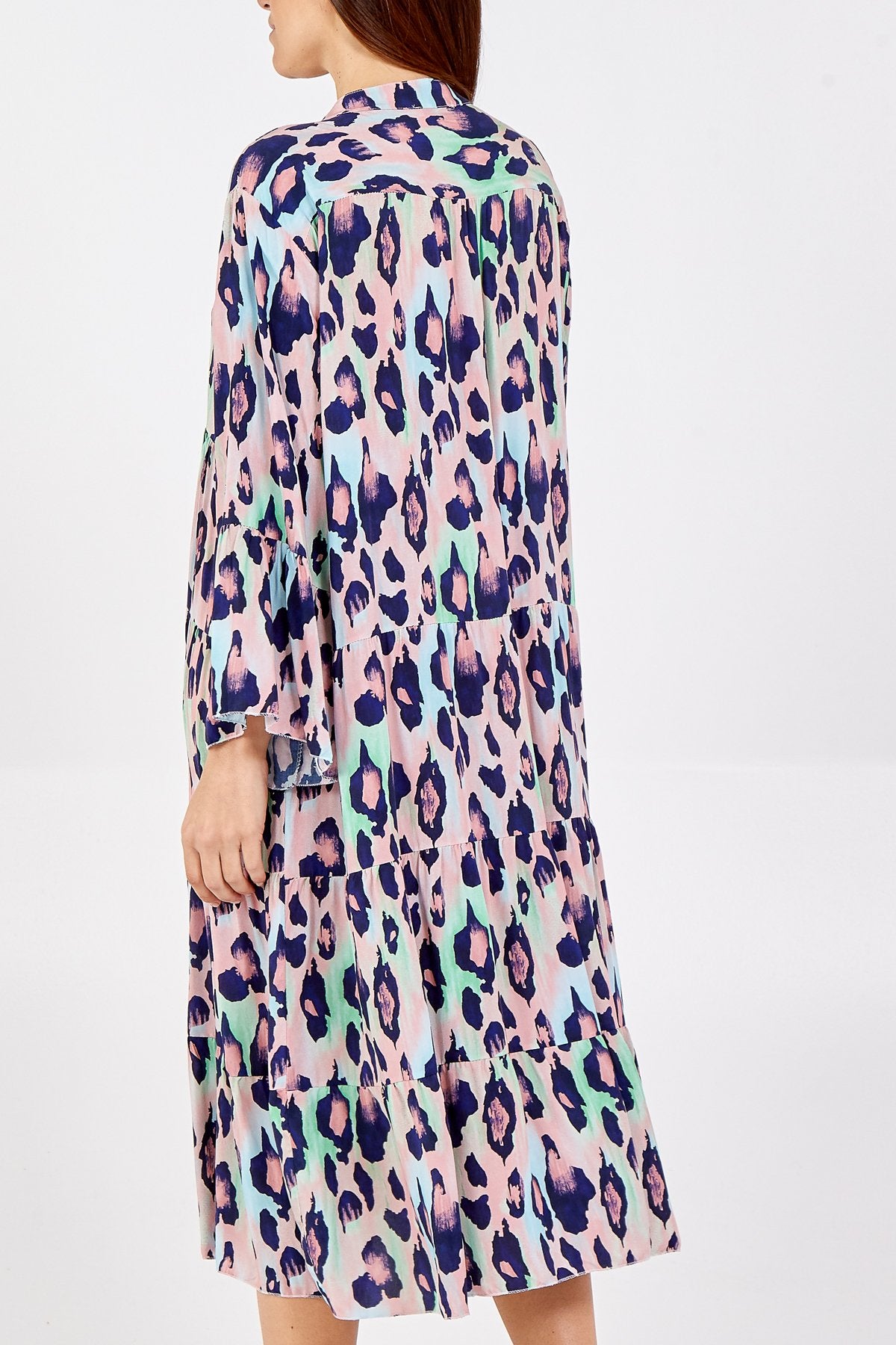 Pauseology Multi Coloured Midi Leopard Print Tiered Dress summer italian made lightweight