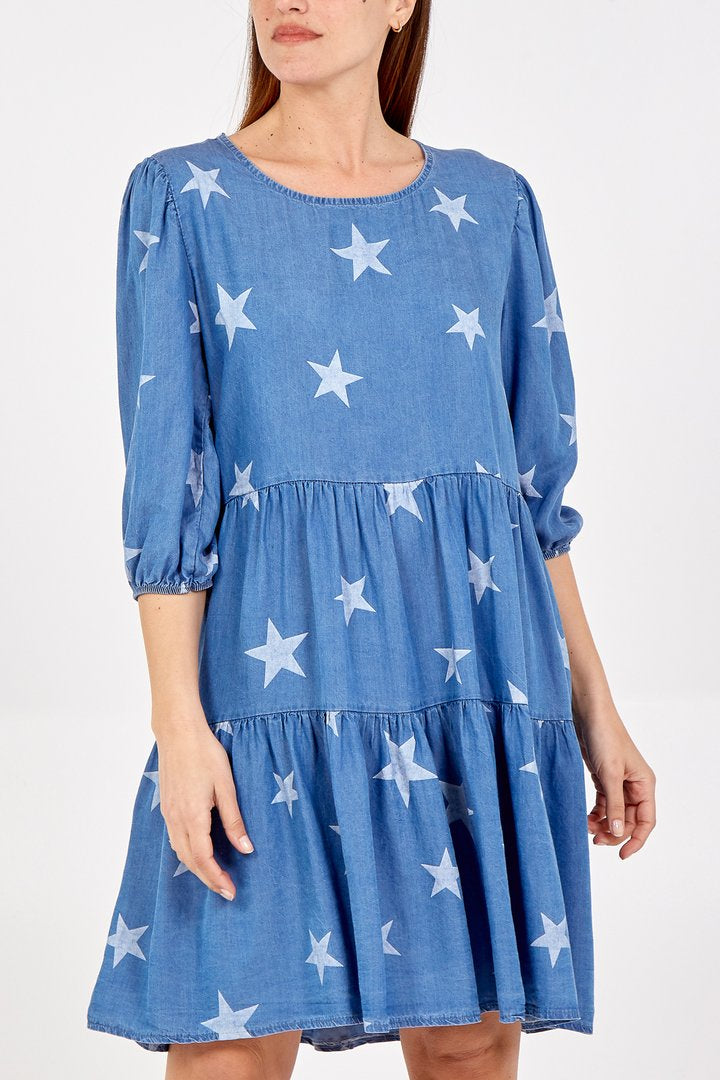MYAH - Scoop Neck Star Design Denim Look Smock Tiered Dress - Italian Made