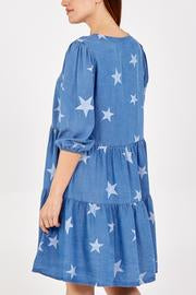 MYAH - Scoop Neck Star Design Denim Look Smock Tiered Dress - Italian Made