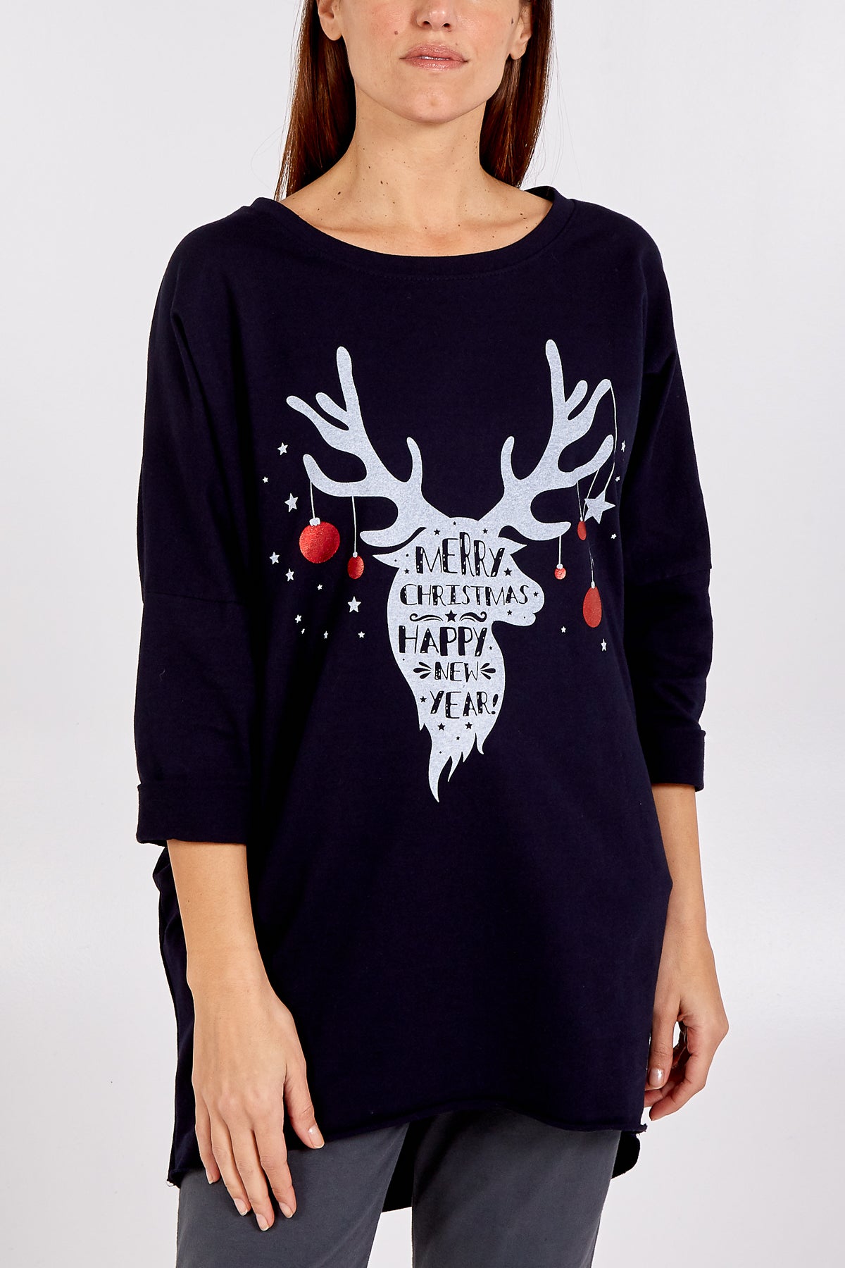 "Merry Christmas And Happy New Year"  Reindeer Print, Round Neck, Oversized Jumper - Made in Italy