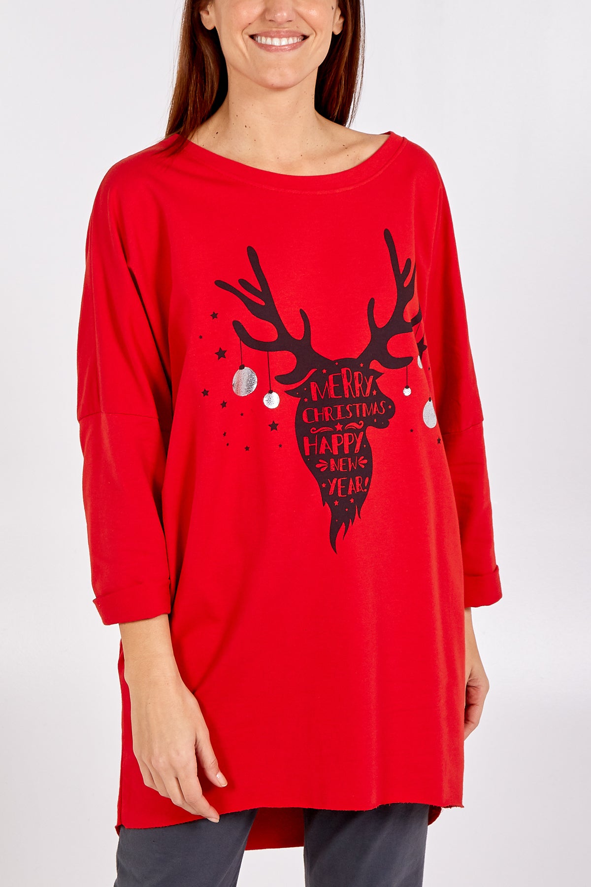 "Merry Christmas And Happy New Year"  Reindeer Print, Round Neck, Oversized Jumper - Made in Italy