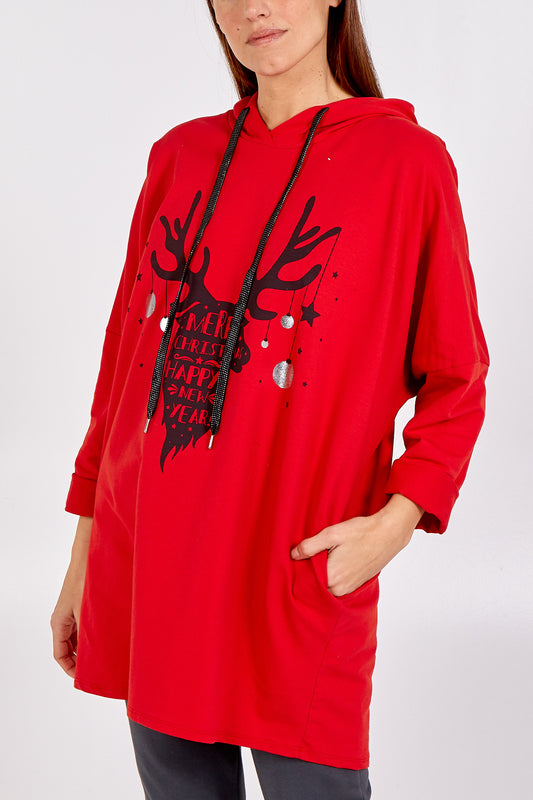 "Merry Christmas And Happy New Year"  Reindeer Print Oversized Hoodie - Made in Italy